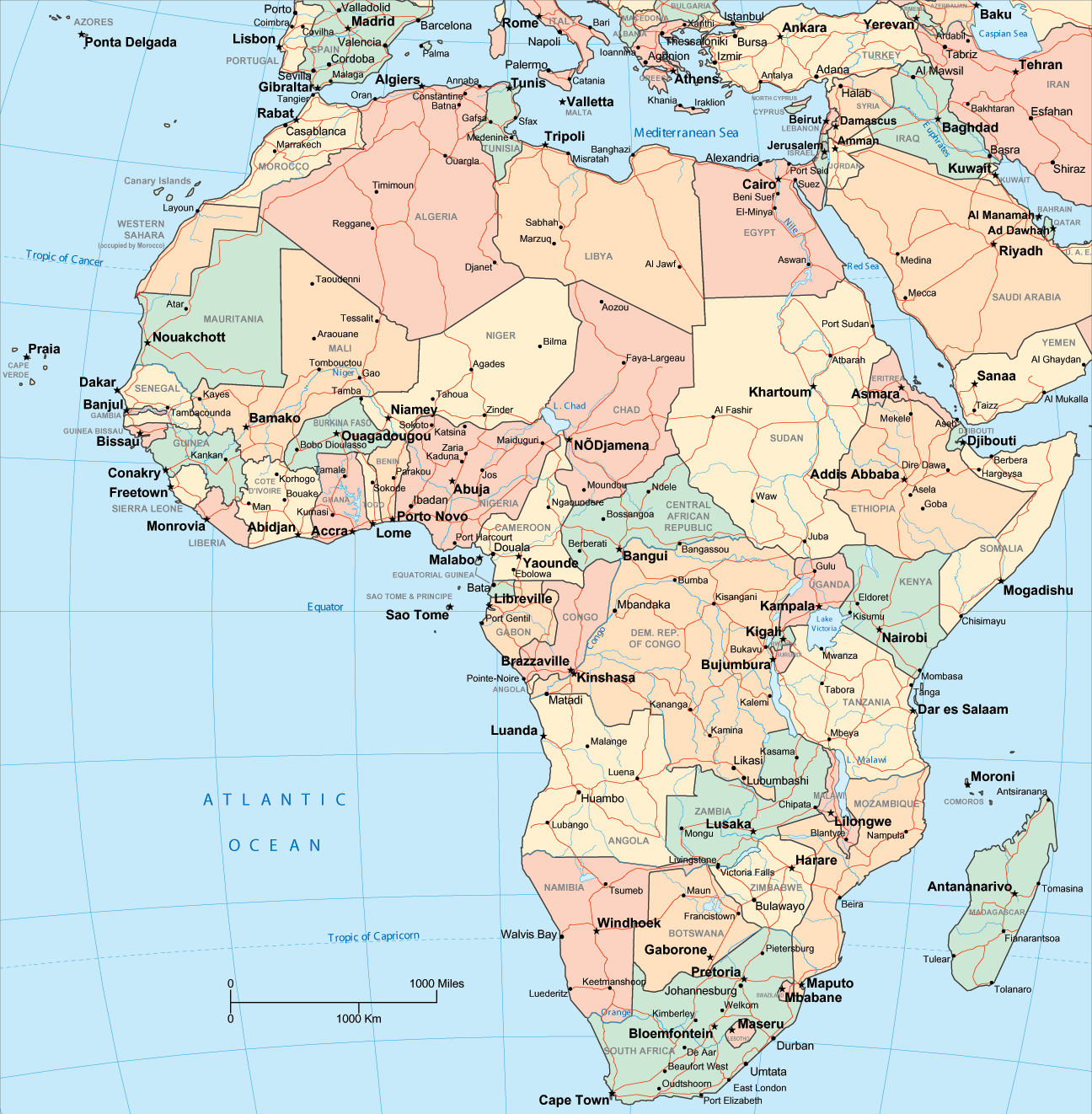 Large Political Map of Africa with Capitals and Major Cities